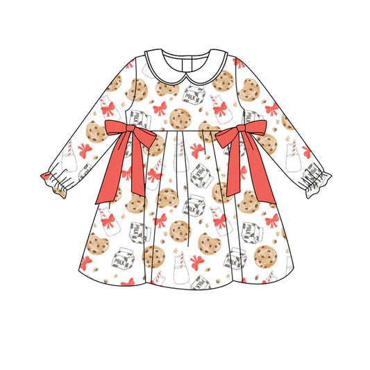 Preorder (moq 5)Baby Girls Christmas Cookie Milk Bows Bows Knee Length Dresses 8.12