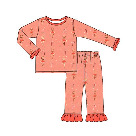 Preorder (moq 5)Baby Girls Long Ruffle Sleeves Candy Cane Dancers Top Pant Pajamas Sets 6.21