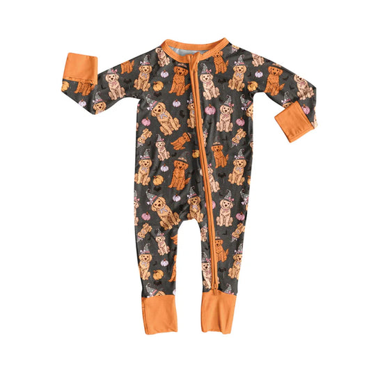 Preorder (moq 5)Baby Boys Orange Long Sleeves Dogs Pumpkins Zipper Pant Rompers 5.27