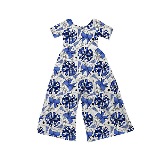 Preorder(moq 8)Baby Girls Hot Blue Bows Go Footballs Short Sleeve Team Pant Jumpsuits 9.27