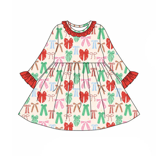 preorder(moq 5) Baby Girls Long Ruffle Sleeves Colorful Bows Plaid Knee Length Dresses 7.25