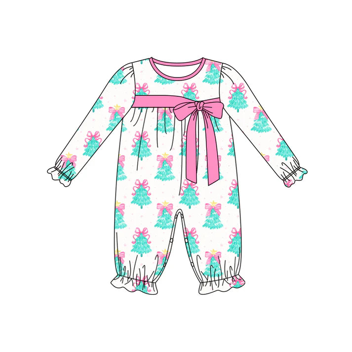 Preorder (moq 5)Baby Girls Long Ruffle Sleeves Bows Trees Plaid Pant Rompers 5.30