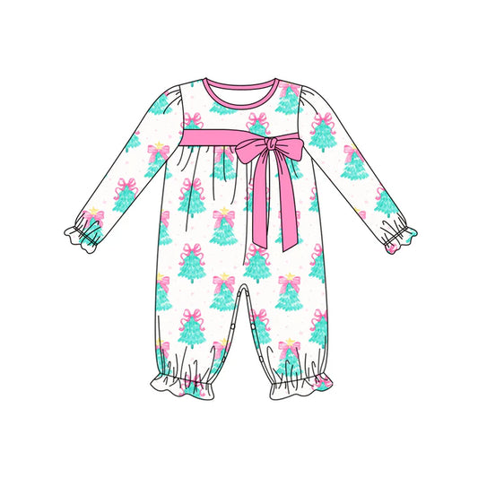 Preorder (moq 5)Baby Girls Long Ruffle Sleeves Bows Trees Plaid Pant Rompers 5.30