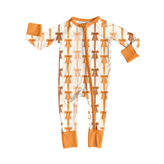 Preorder moq 5 Baby Infant Girls Long Sleeves Orange Bows Stripes Zipper Romper 7.16