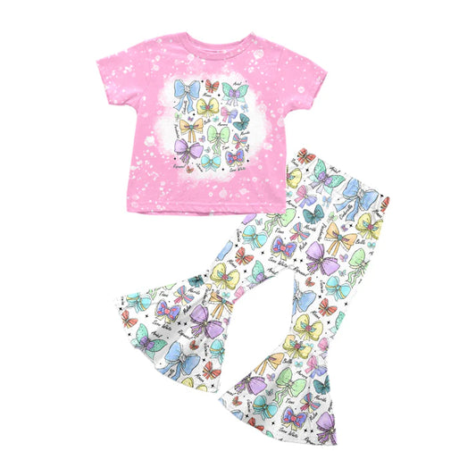 Preorder (moq 5)Baby Girls Pink Short Sleeves Colorful Bows Top Bell Bottom Pant Set 5.12