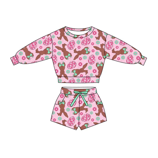 Preorder (moq 5)Baby Girls Eggs Rabbits Flowers Top Pockets Shorts Easter Clothes Sets 11.27