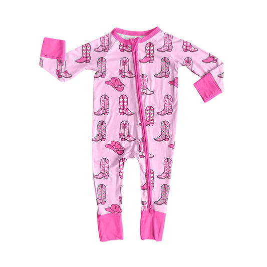 Preorder (moq 5)Baby Girls Pink Hats Floral Boots Western Two Way Zip Convertible Rompers 12.8