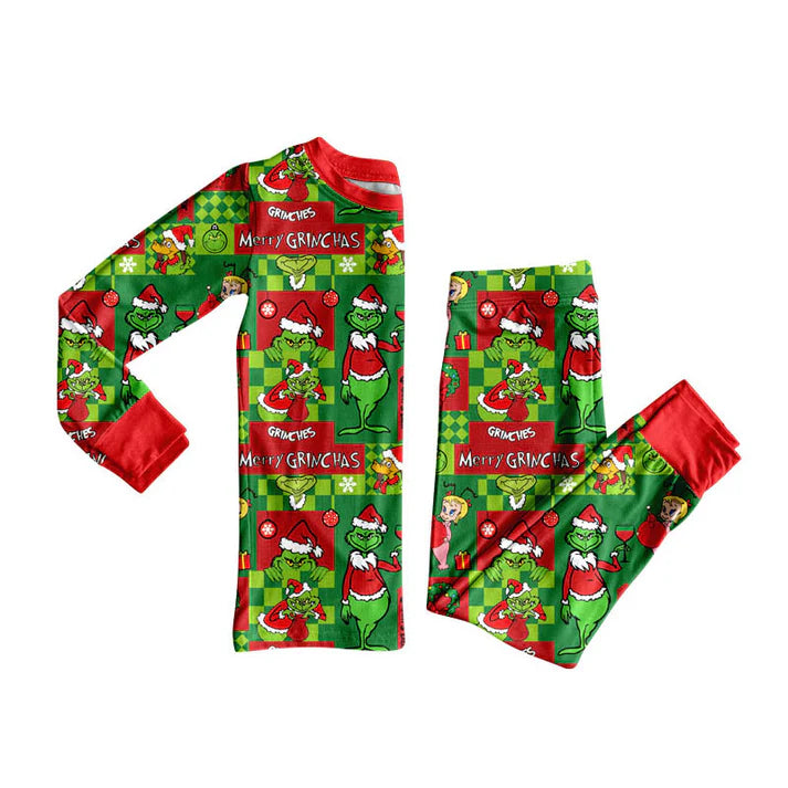 Preorder (moq 8)Baby Boys Green Faces Miss Top Pants Christmas Pajamas Sets 9.23