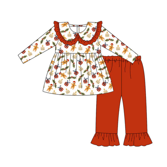 Preorder(moq 5) Baby Girls Christmas Gingerbread Gifts Tunic Top Ruffle Pants Sets 8.14