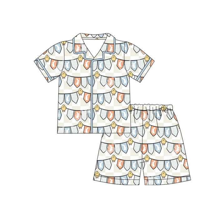 Preorder (moq 5)Baby Boys Blue Rabbits Chicks Checked Button Top Shorts Easter Pajamas Sets 12.12