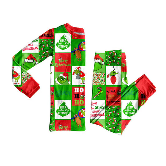Preorder (moq 8)Baby Boys Green Faces Checked Top Pants Christma 9.10
