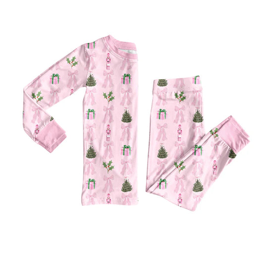 Preorder(moq 5) Baby Girls Christmas Pink Bow Soldier Top Pants Lounge Wear Pajamas Sets 8.9