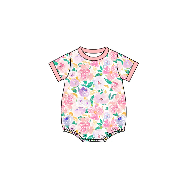 Preorder (moq 5)Baby Girls Lavender Pink Flowers Short Sleeve Rompers 6.10