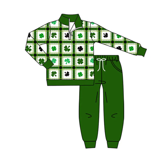 Preorder (moq 8)Baby Boys Clovers Checked Zipper Pullover Pockets Jogger St Patrick Clothes Sets 9.10