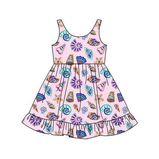 Preorder (moq 5)Baby Girls Lavender Sleeveless Colorful Sea World Knee Length Dress 4.26