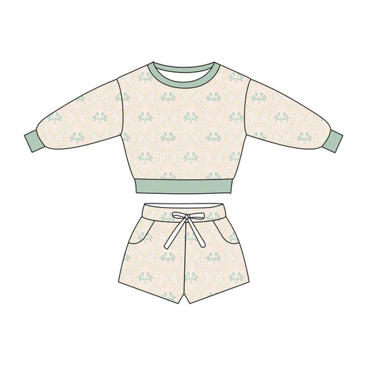 Preorder(moq 5) Baby Girls Green Flowers Checked Long Sleeve Pockets Shorts Clothes Sets 10.27