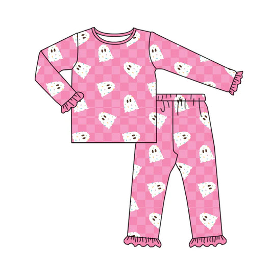 Preorder (moq 5)Baby Girls Pink Long Ruffle Sleeves Ghosts Plaid Top Pants Pajamas Set 7.1