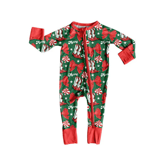 Preorder (moq 8)Baby Boys Red Bows Boots Merry Christmas Zipper Footie Rompers 9.23