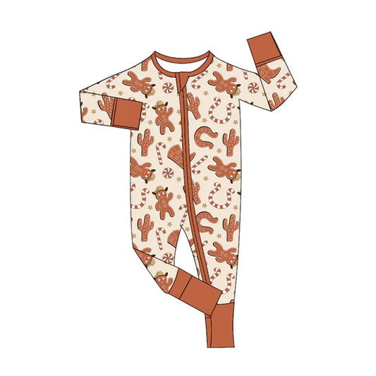 Preorder (moq 5)Baby Kids Long Sleeves Khaki Gingerbread Candy Cane Zipper Rompers 5.17