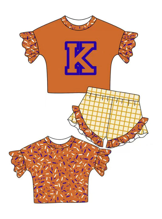 Preorder (moq 5)Baby Girls Orange Back Sprinkles K Top Checked Ruffle Shorts Team Clothes Set 1.12