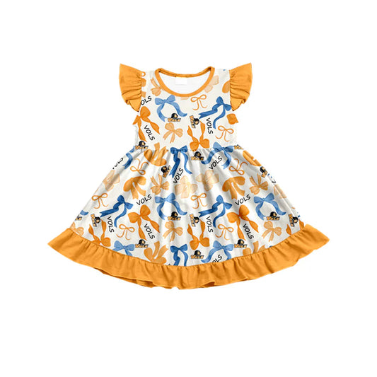 Preorder (moq 5) flutter sleeves yellow dog bows girls team dress 8.27