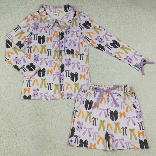 Adult Women Spider Bats Bows Long Sleeve Button Top Pockets Shorts Halloween Pajamas Sets GLS0120