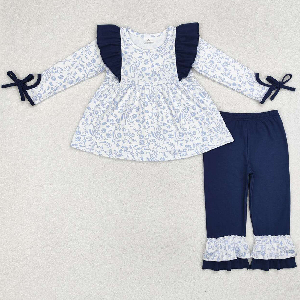 Baby Girls Clothes Blue Flowers Tunic Top Ruffle Pants Clothes Sets GLP1828