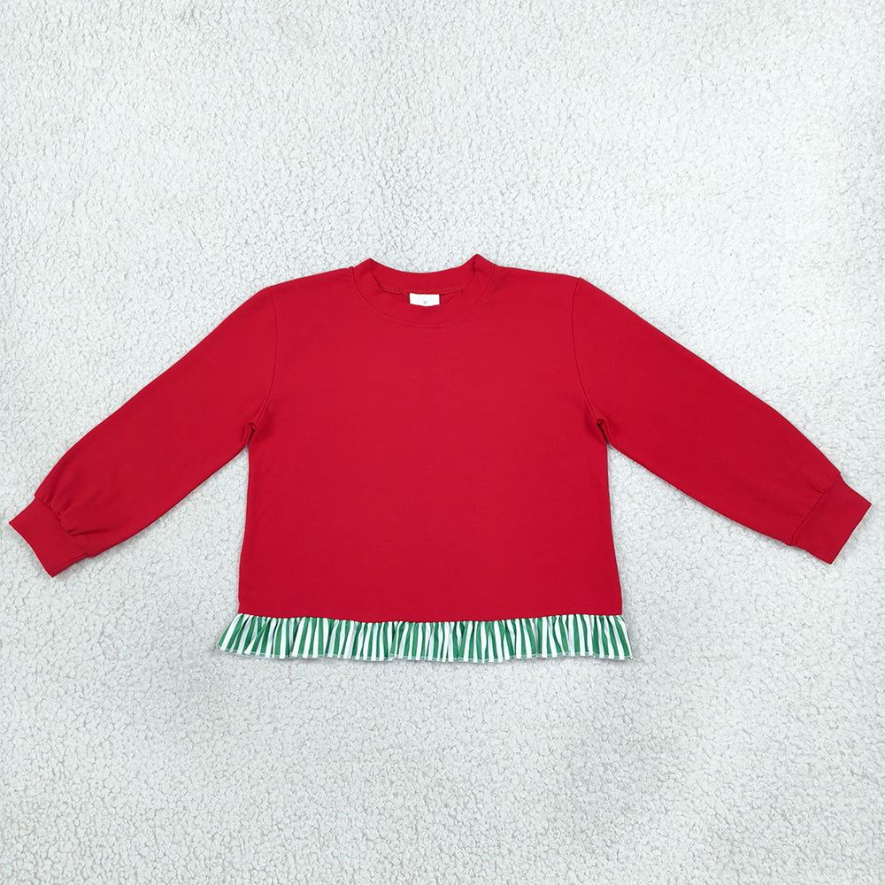 Baby Girls Red Green Stripe Long Sleeve Ruffle T-shirts Top GT1935