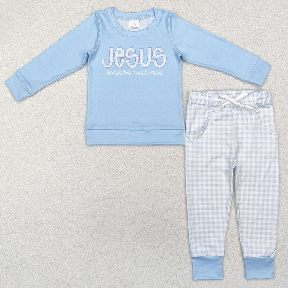 Baby Boys Clothes Blue Jesus Top Checkered Pants Clothes Sets BLP0767