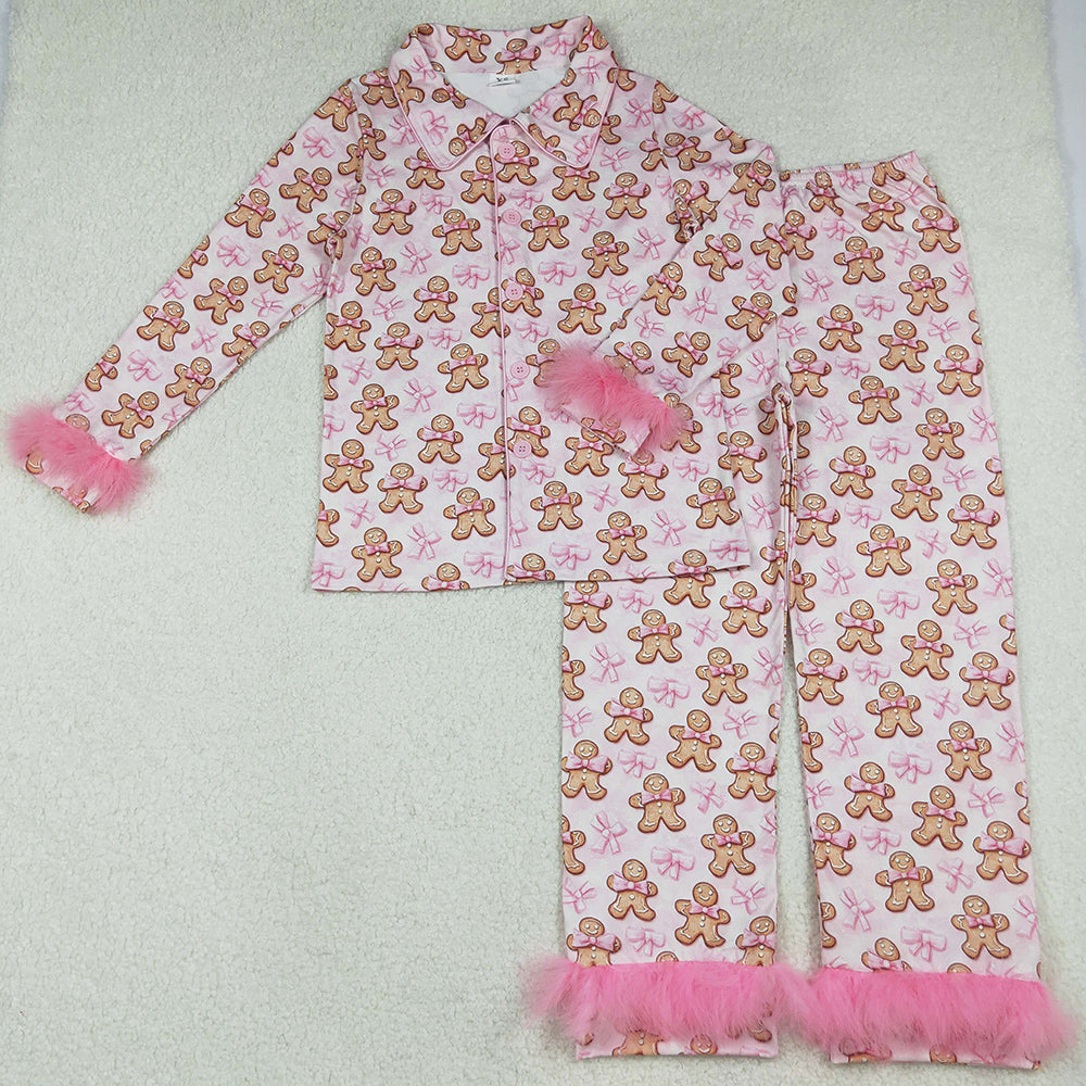 Adult Women Pajamas Bows Gingerbread Button Top Pants Christmas Fur Pajamas Set GLP2716 10.2