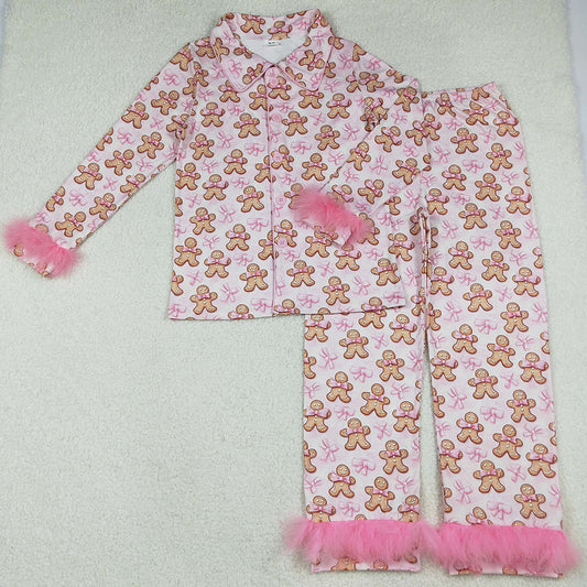 Adult Women Pajamas Bows Gingerbread Button Top Pants Christmas Fur Pajamas Set GLP2716 10.2
