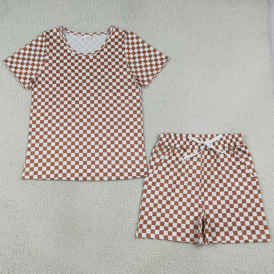 Adult Women Short Sleeves Khaki Checked Top Pockets Short Pajamas Clothes Set GSSO2680