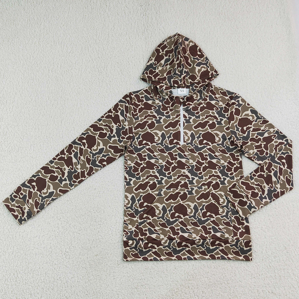 Adult Men Clothes Long Sleeve Dark Khaki Camo Zip Pocket Hoodies Top BT1872