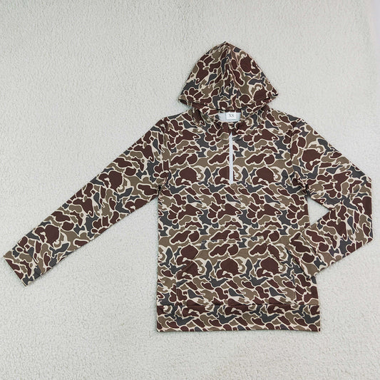 Adult Men Clothes Long Sleeve Dark Khaki Camo Zip Pocket Hoodies Top BT1872