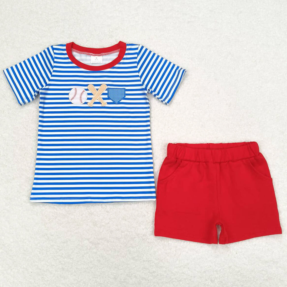 Baby Boys Clothes Blue Stripes Baseball Shirts Summer Shorts Sets BSSO0844