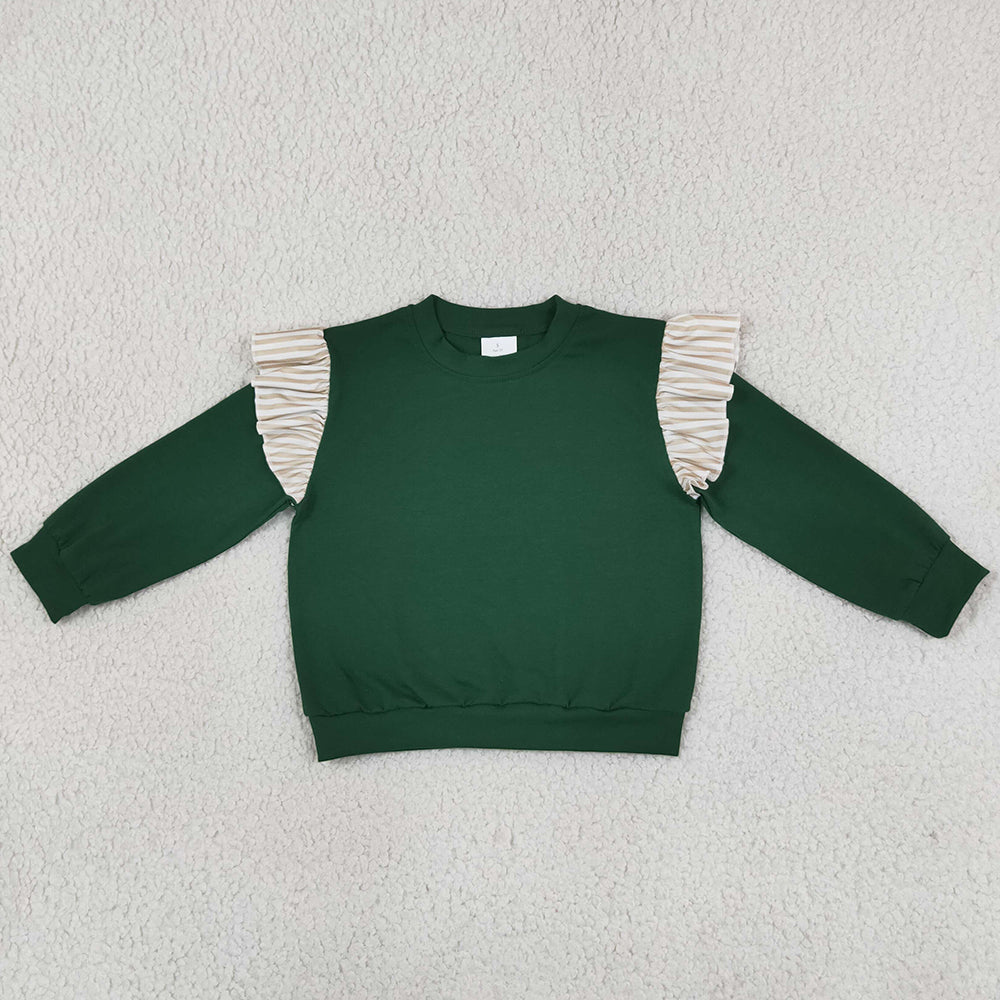 Baby Girls Clothes Dark Green Stripe Long Flutter Sleeve T-shirts Top GT1845