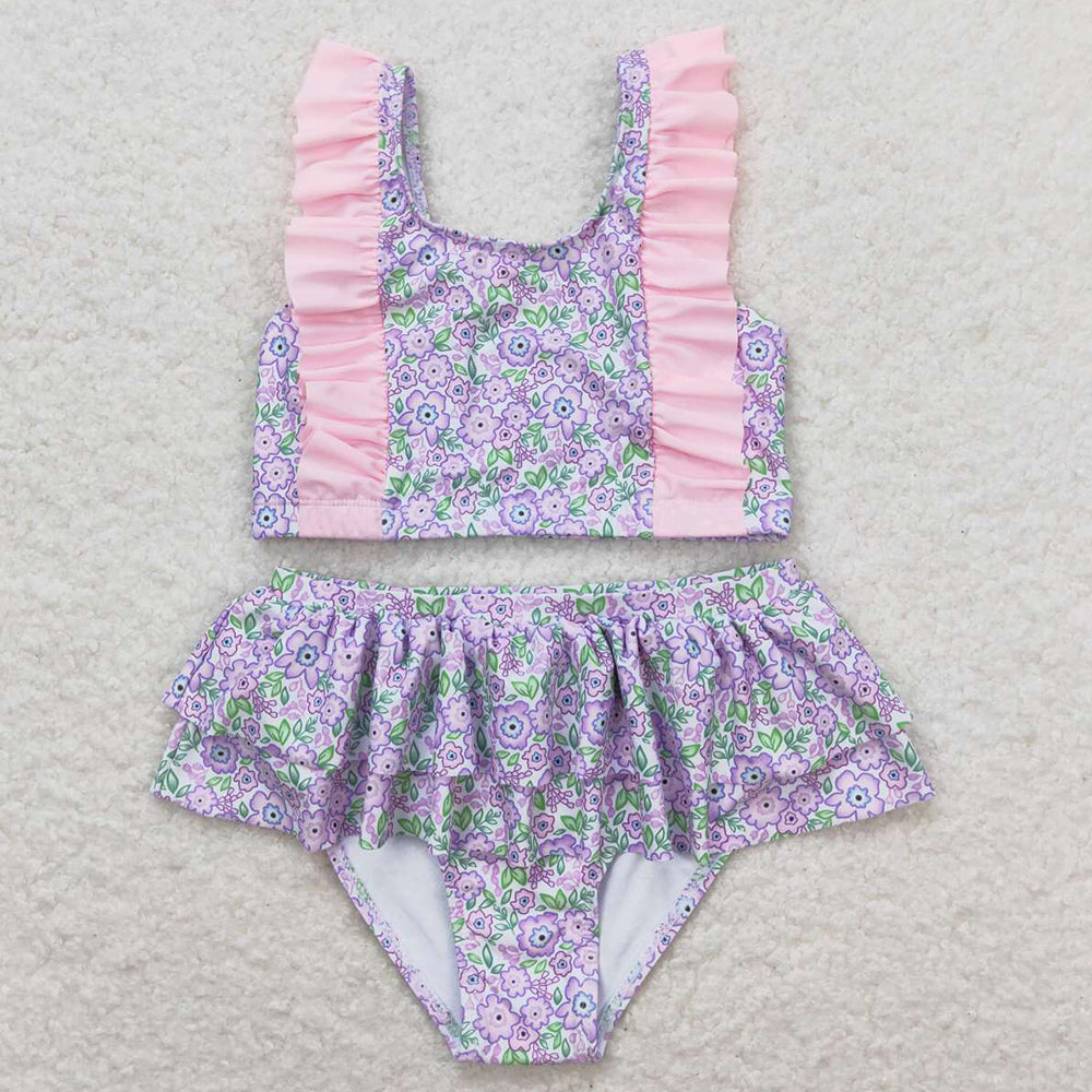 Baby Girls Swimsuits Summer Lavender Flowers Top Ruffle Bummie Swimsuits S0332