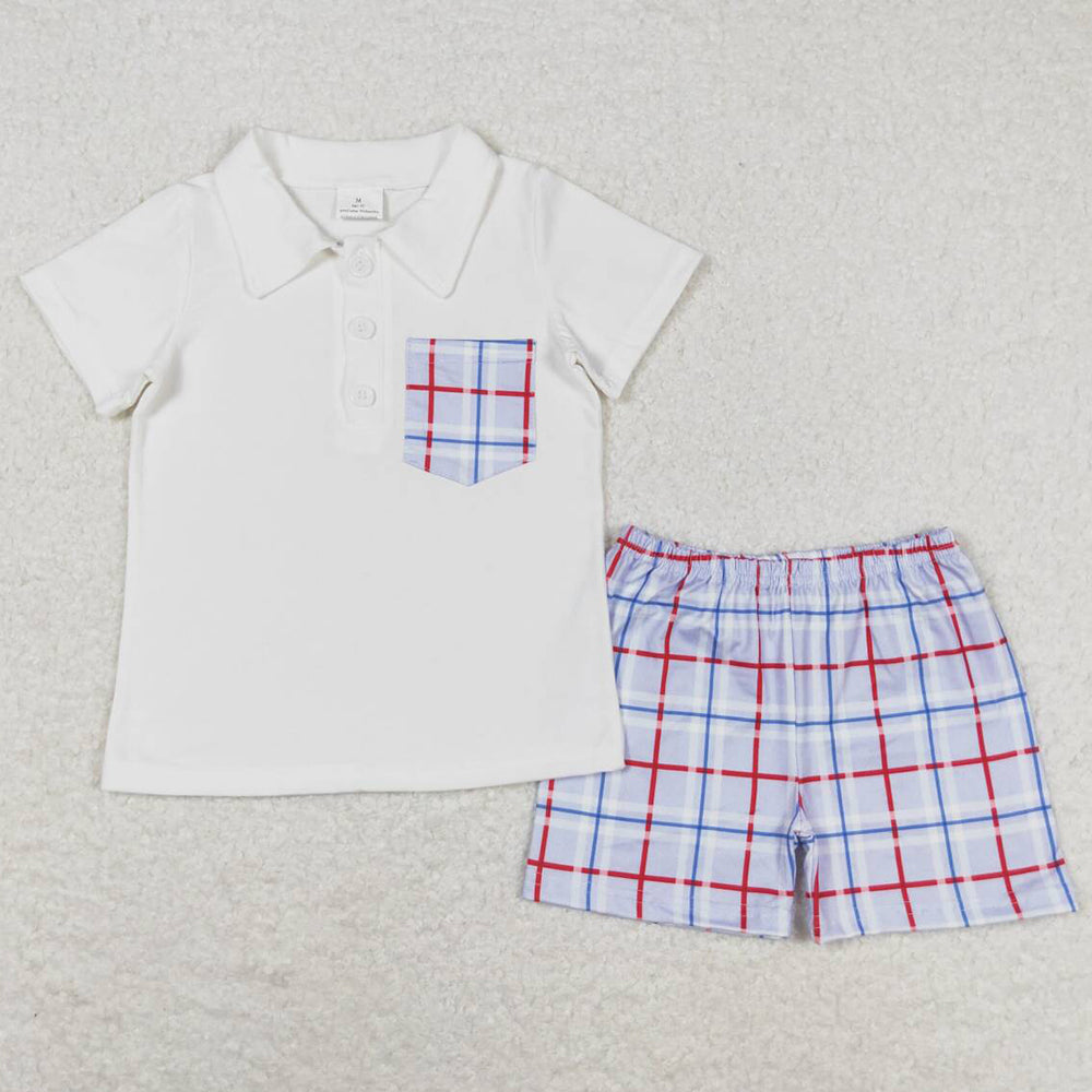 Baby Boys Clothes White Pocket Shirt Checkered Shorts Sibling Girls Clothes Sets BSSO0651