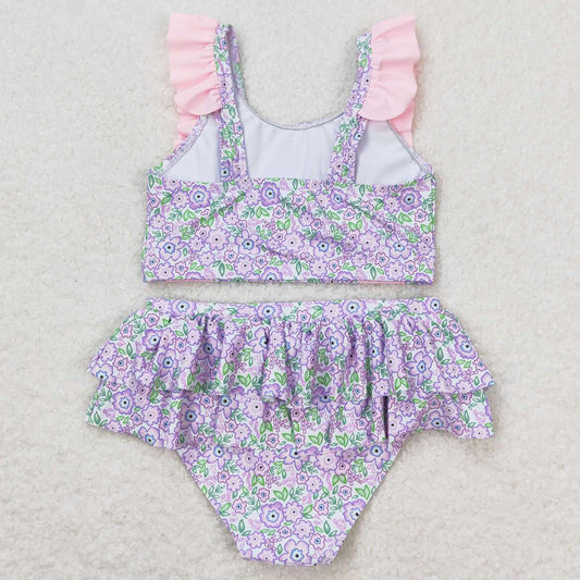 Baby Girls Swimsuits Summer Lavender Flowers Top Ruffle Bummie Swimsuits S0332