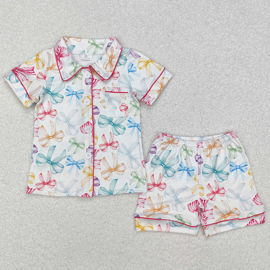 Sibling Baby Girls Pajamas Colorful Bows Buttons Shirt Shorts Pajamas Clothes Sets 5.28