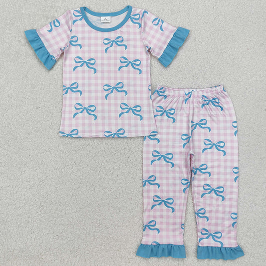 Baby Girls Pajamas Pink Checkered Bows Top Pants Pajamas Sets GSPO1736