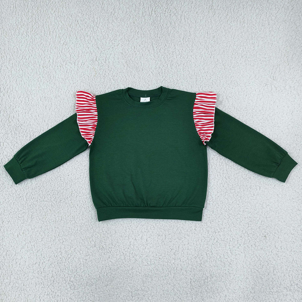 Baby Girls Clothes Green Red Stripe Long Flutter Sleeve Fall T-shirts Top GT1850