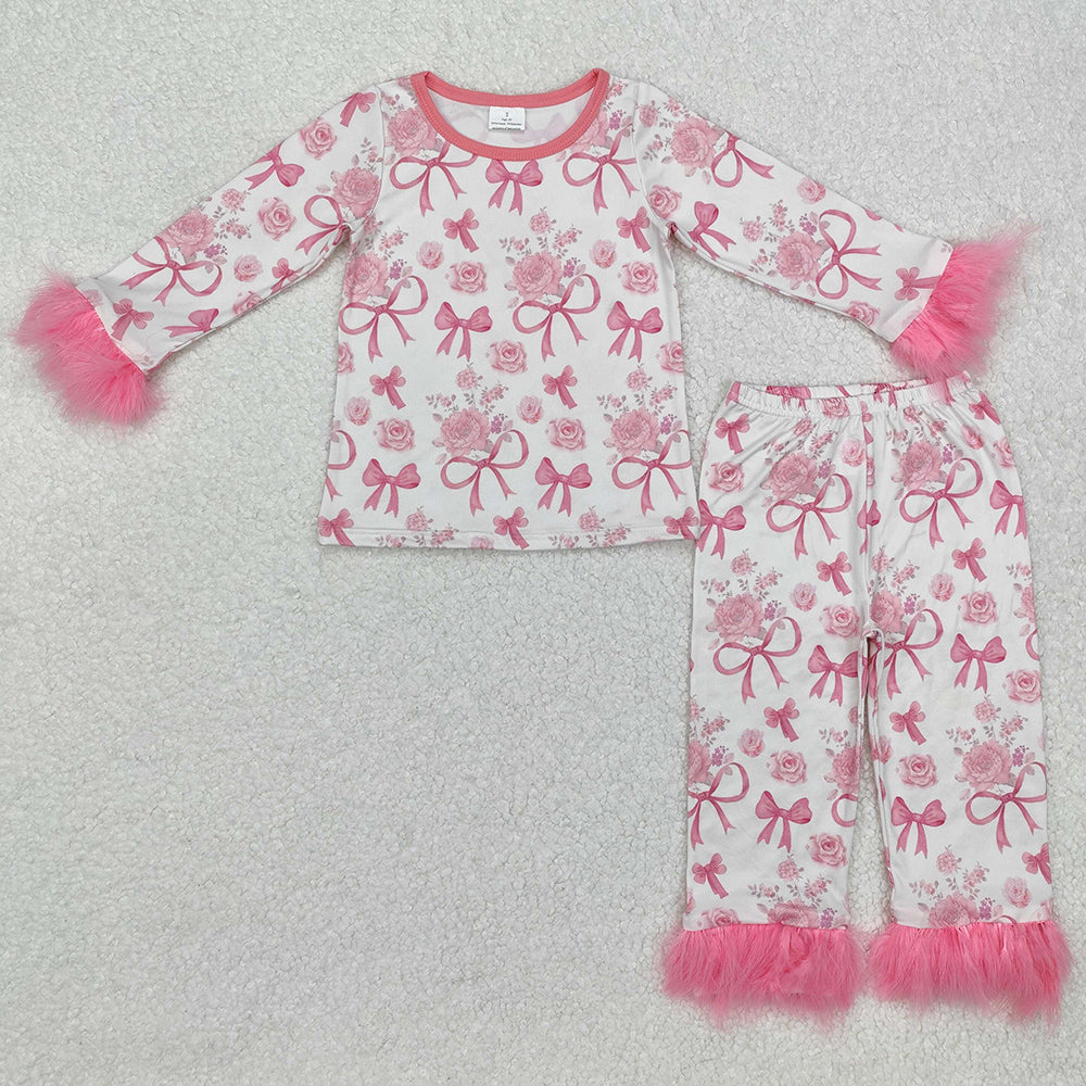 Baby Girls Pajamas Valentines Pink Bows Fur Shirt Pants Pajamas Sets GLP2215