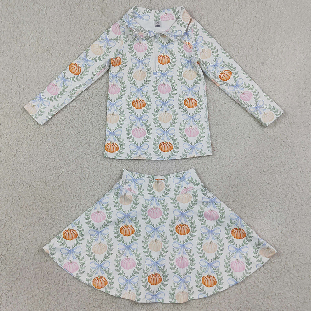 Baby Girls Clothes Pumpkins Bows Zip Pullover Skirt Short Fall Yoga Active Clothes Sets GLD1635