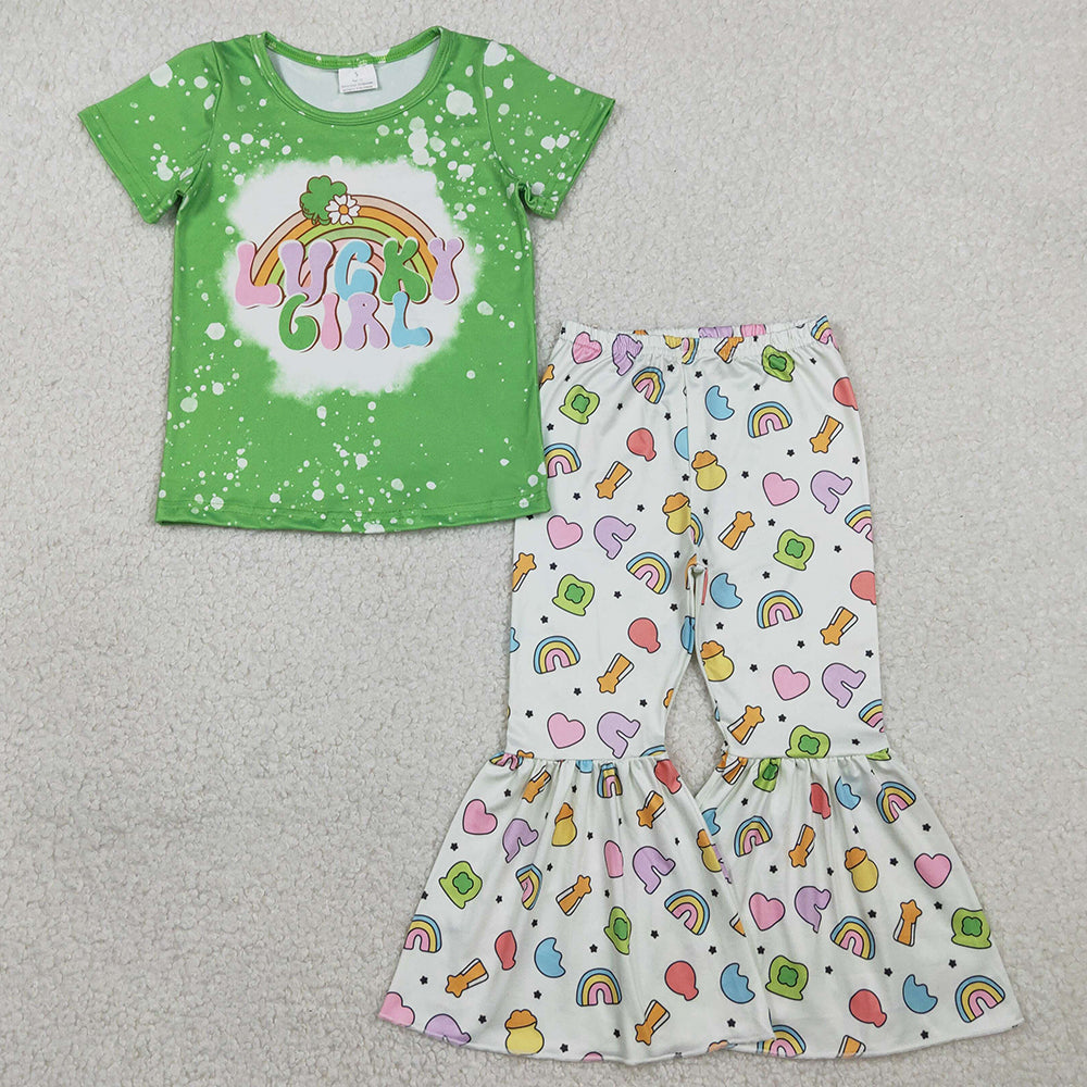 Baby Girls Clothes Lucky Girl Clover Top Bell Bottom Pants St Patrick Clothes Sets GSPO2101