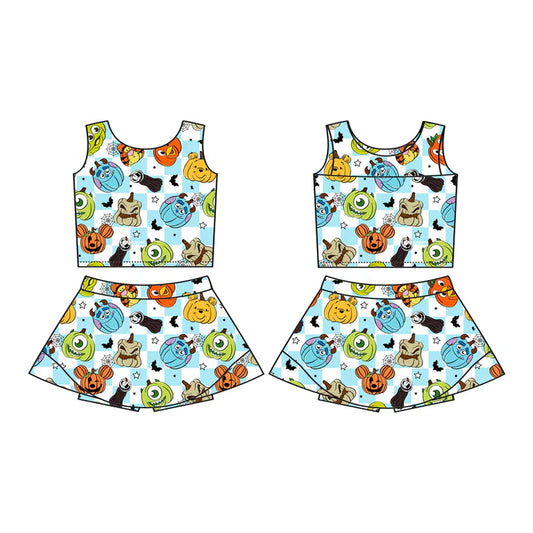 Preorder (moq 5)Baby Girls Sleeveless Cartoon Pumpkins Plaid Vest Top Skorts Set 7.16
