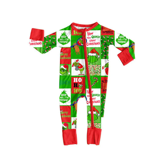 Preorder (moq 8)Baby Boys Green Faces Checked Christmas Zipper Footie Rompers 9.10