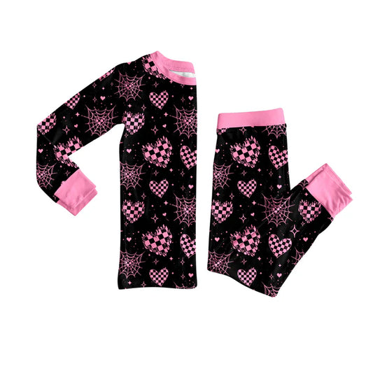 Preorder (moq 5)Baby Girls Spider Web Hearts Plaid Top Pant Halloween Pajamas Set 7.31