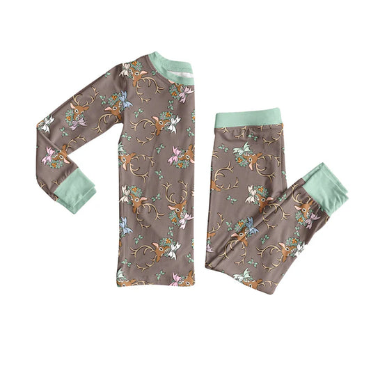 Preorder (moq 5)Baby Girls Long Sleeves Holly Deer Plaid Top Pants Pajamas Set 7.1