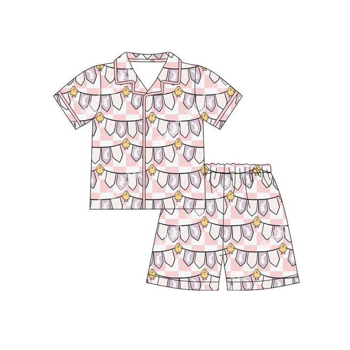 Preorder (moq 5)Baby Girls Pink Rabbits Chicks Checked Button Top Shorts Easter Pajamas Sets 12.12